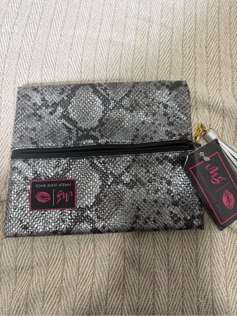 Metallic Silver Snake-Print Travel Makeup Pouch